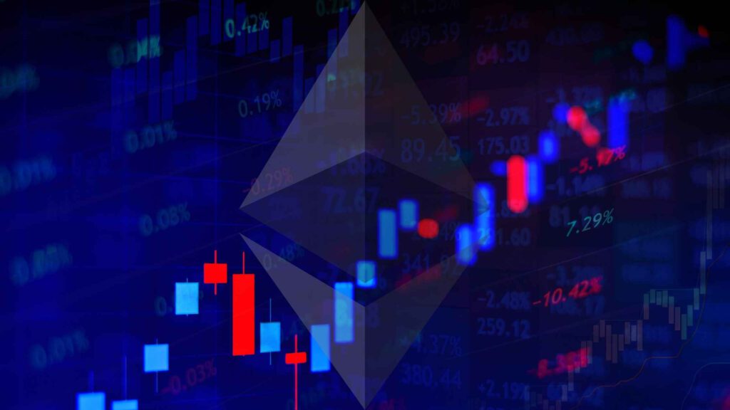 Eine Börsenkurve mit einem transparenten Ethereum Logo.